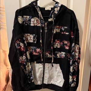 POL Black Floral Patchwork Zip-Up Hoodie Jacket with Cream Accents